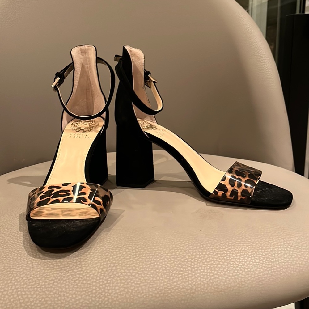 Vince Camuto Block Heel Open Toe Leopard Print Accent Sandal With Ankle Strap